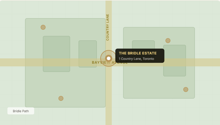 Map illustrating The Bridle Estate access to Highway 401 and the Don Valley Parkway