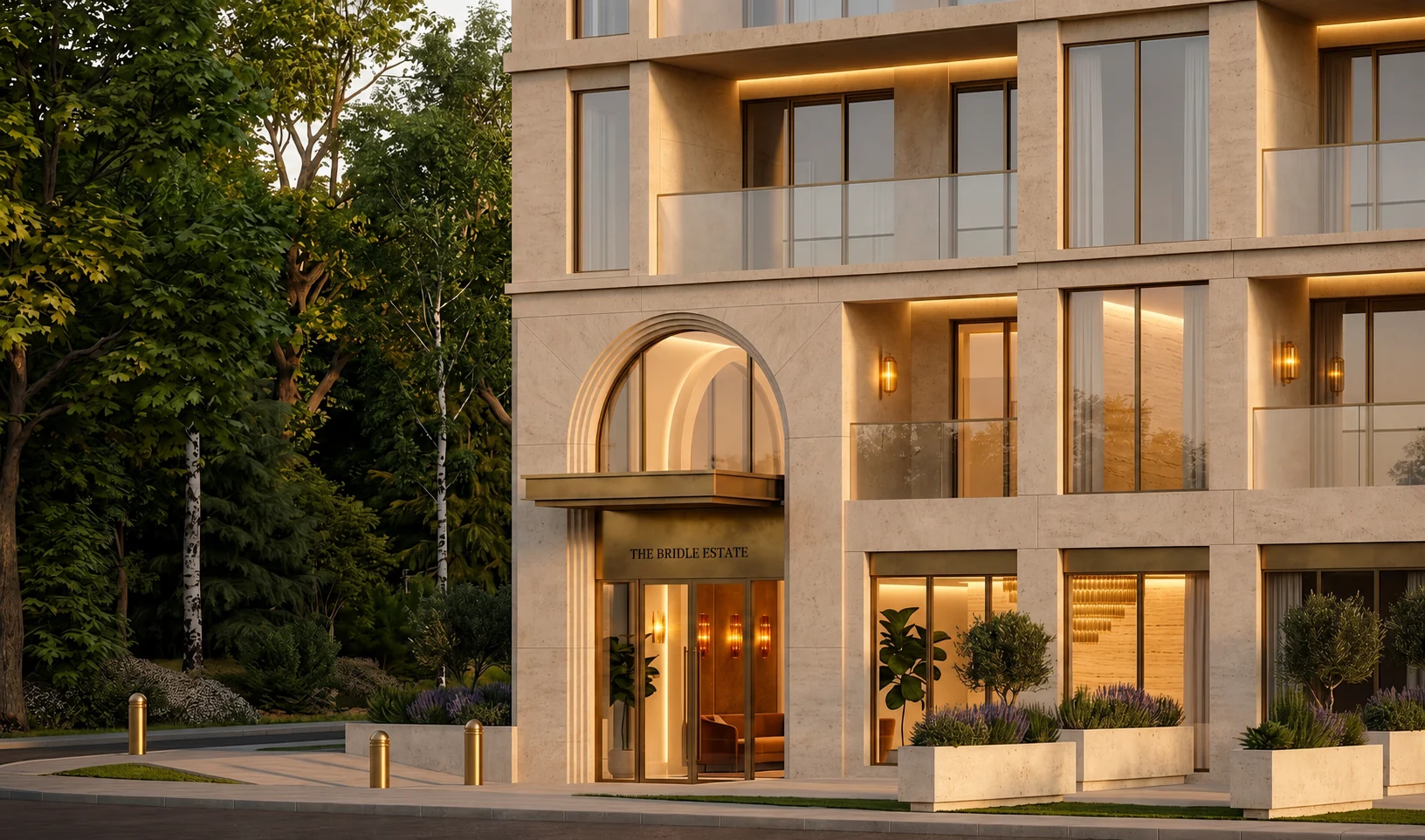 The Bridle Estate evening entrance illuminated exterior view